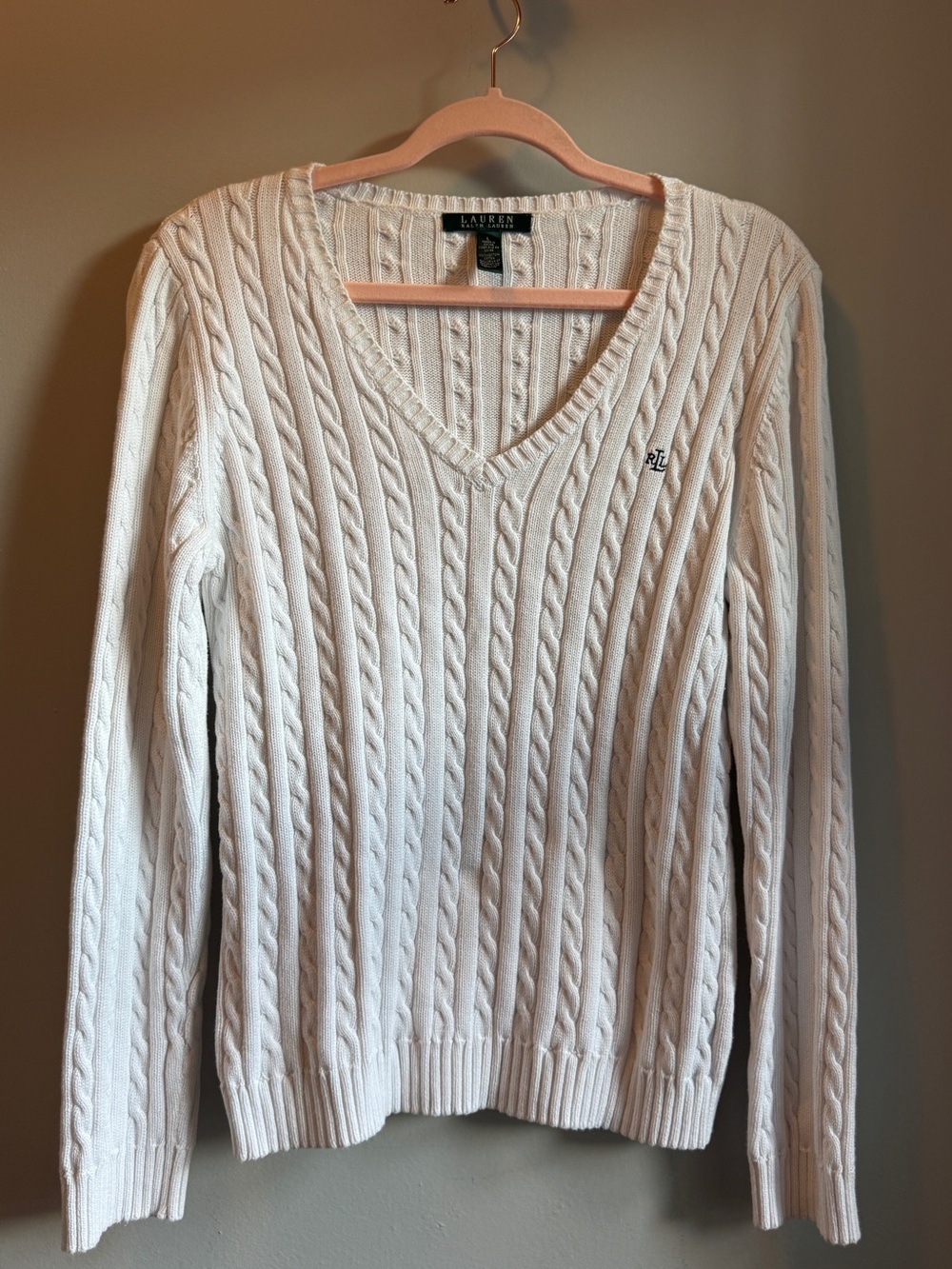 Ralph Lauren Bright White Cable-Knit V-Neck Sweater Large